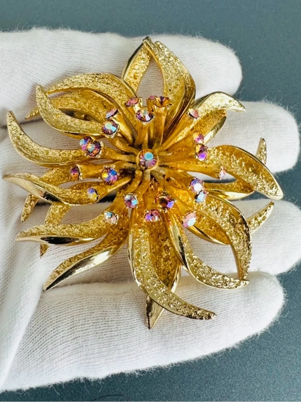 Vintage Signed François for Coro 3D Gold Flower Brooch AB Rhinestones Pristine